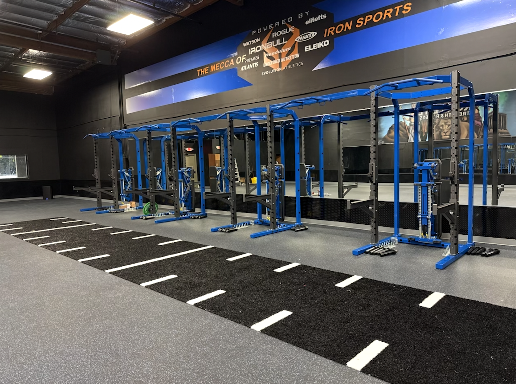 Iron Elite performance floor with power racks, sprint turf, and testing lane